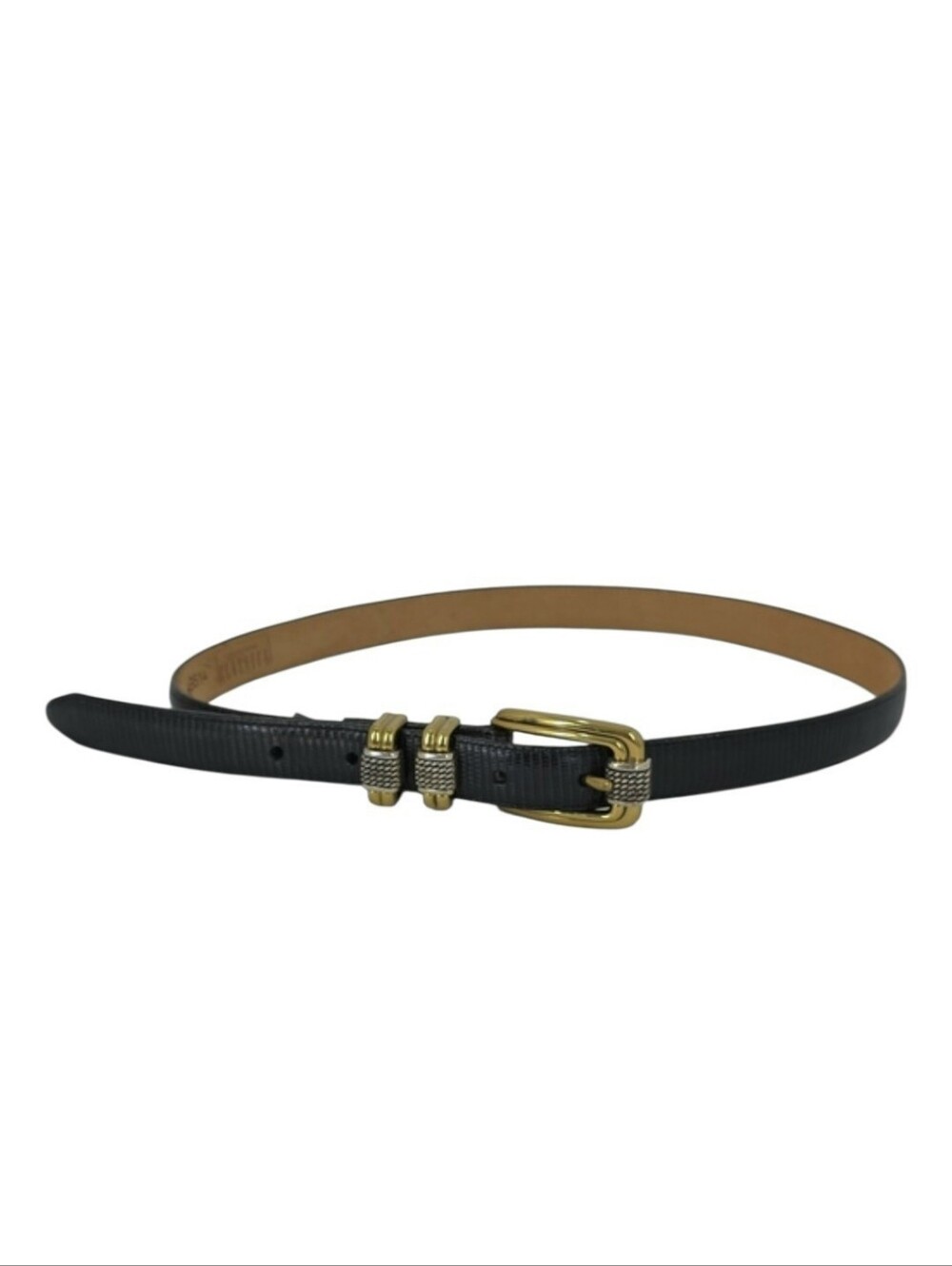 BRIGHTON "Classics" Black Shiny Skinny Leather Belt W/Gold Buckle Size ML 32-4B6
